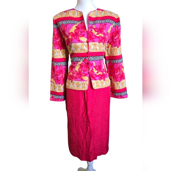 Adrianna Papell Vibrant Red and God Floral Blazer and Skirt Set - Picture 1 of 13